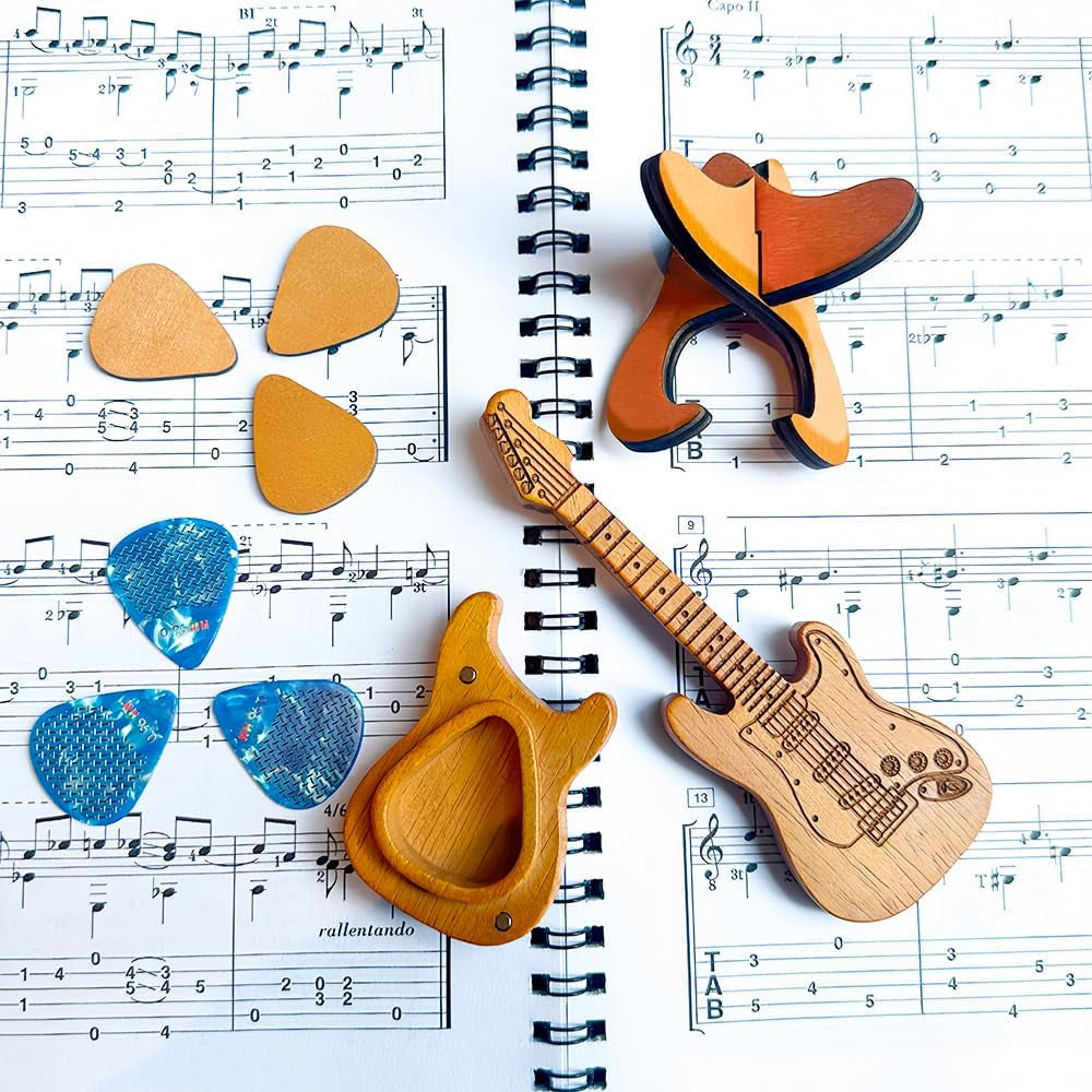 Wooden Guitar Pick Holder and Stand with Electric Guitar Styling Box, Featuring 3 Wood Picks and 3 Non-Slip Celluloid Picks - Guitar Pick Storage Set for Guitar, Bass, and Ukulele Players