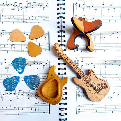 Wooden Guitar Pick Holder and Stand with Electric Guitar Styling Box, Featuring 3 Wood Picks and 3 Non-Slip Celluloid Picks - Guitar Pick Storage Set for Guitar, Bass, and Ukulele Players