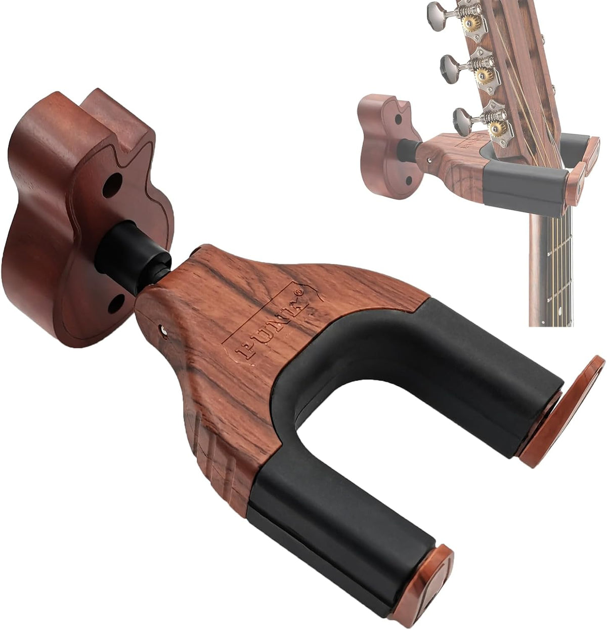 Guitar Wall Mount with Auto Lock - Wooden Guitar-Shaped Hanger for Acoustic, Electric, Classical, and Bass Guitars (Brown)