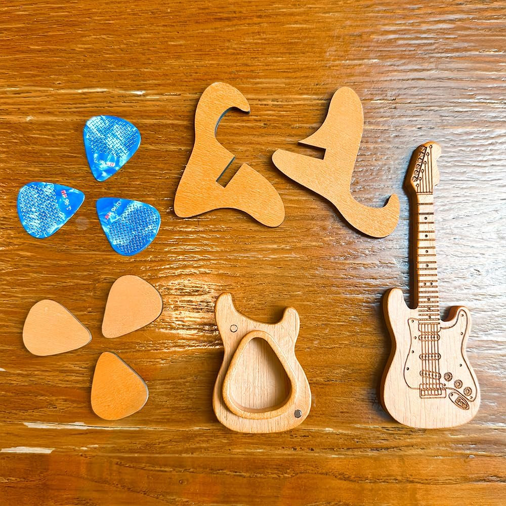 Wooden Guitar Pick Holder and Stand with Electric Guitar Styling Box, Featuring 3 Wood Picks and 3 Non-Slip Celluloid Picks - Guitar Pick Storage Set for Guitar, Bass, and Ukulele Players