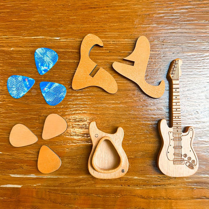 Wooden Guitar Pick Holder and Stand with Electric Guitar Styling Box, Featuring 3 Wood Picks and 3 Non-Slip Celluloid Picks - Guitar Pick Storage Set for Guitar, Bass, and Ukulele Players