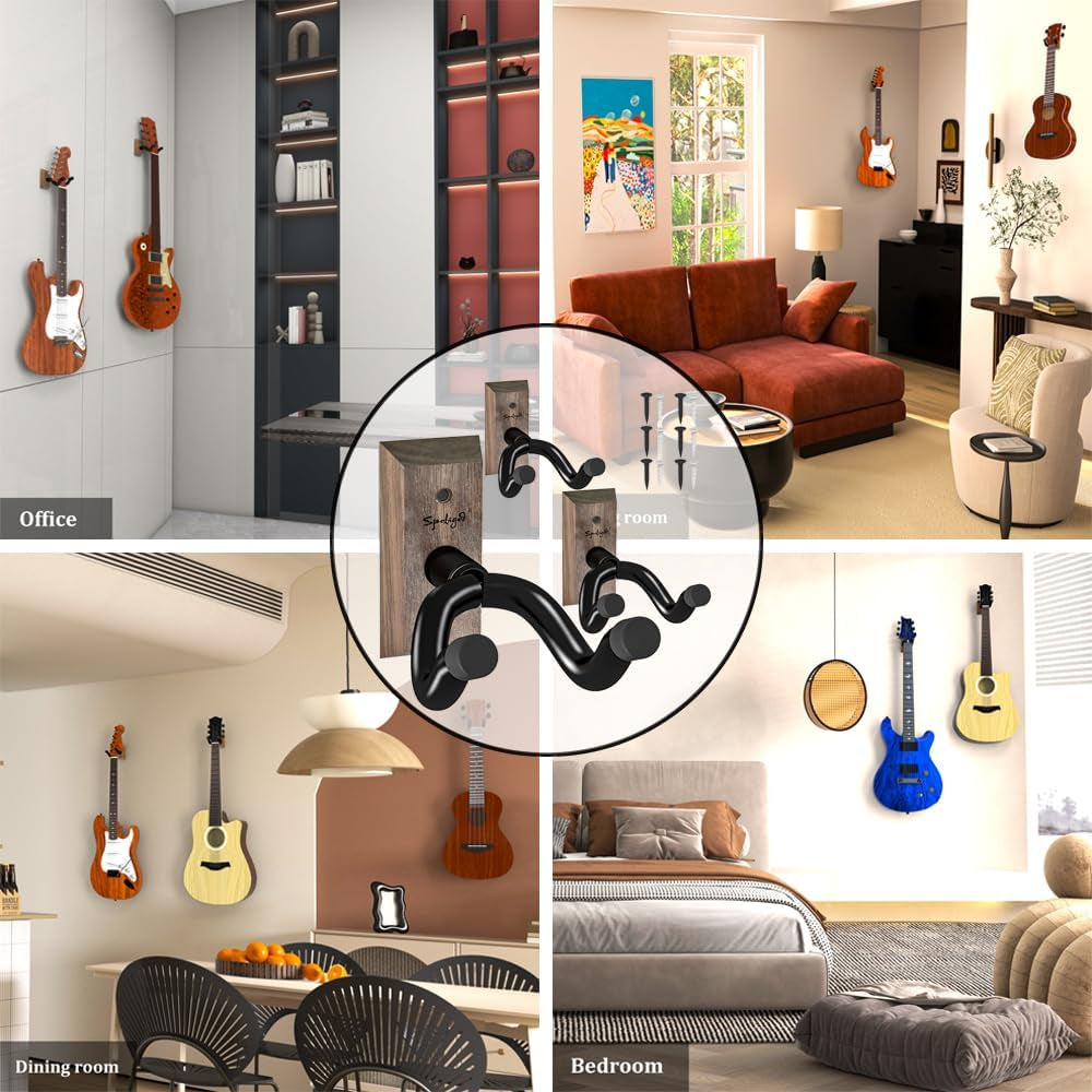 Professional Guitar Wall Mount Hanger Set - 3-Pack Black Walnut Wooden Holders for Acoustic, Electric, Bass Guitars, Ukuleles, and Mandolins for Home and Studio Use