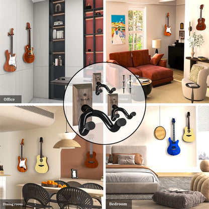 Professional Guitar Wall Mount Hanger Set - 3-Pack Black Walnut Wooden Holders for Acoustic, Electric, Bass Guitars, Ukuleles, and Mandolins for Home and Studio Use