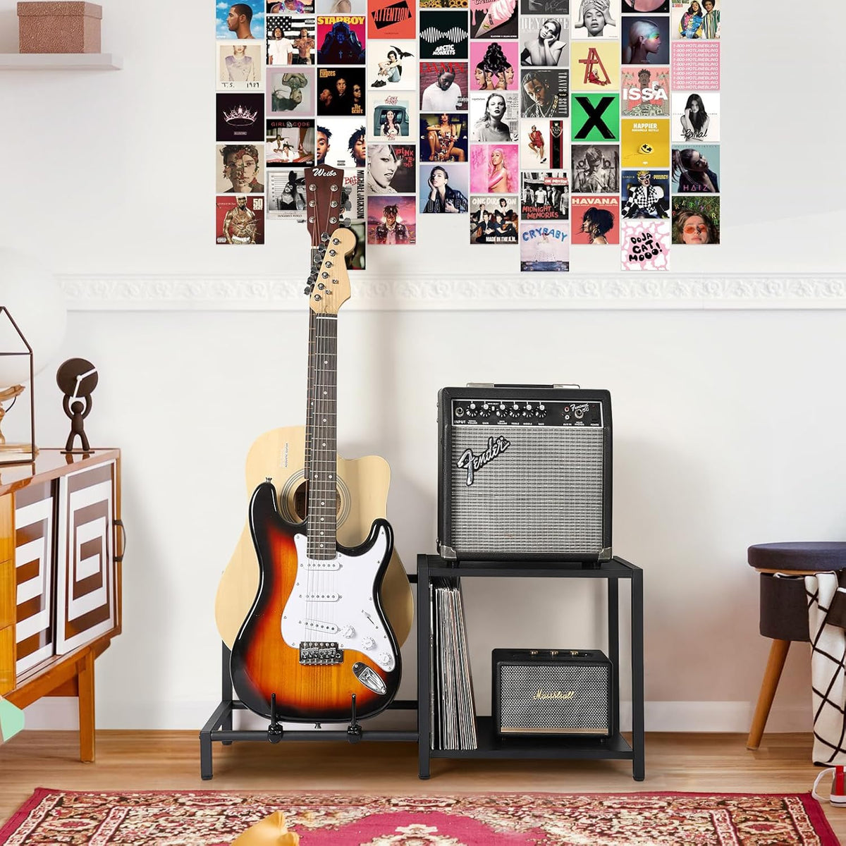 Black Floor Guitar Stand with Amplifier Holder