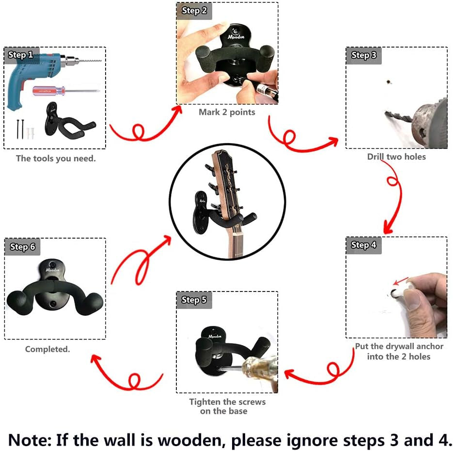 Guitar Wall Mount 4-Pack, Metal Guitar Hanger, Guitar-Shaped Guitar Wall Hanger, Black Guitar Holder Stand for Bass Electric Acoustic Guitar Ukulele (Black)