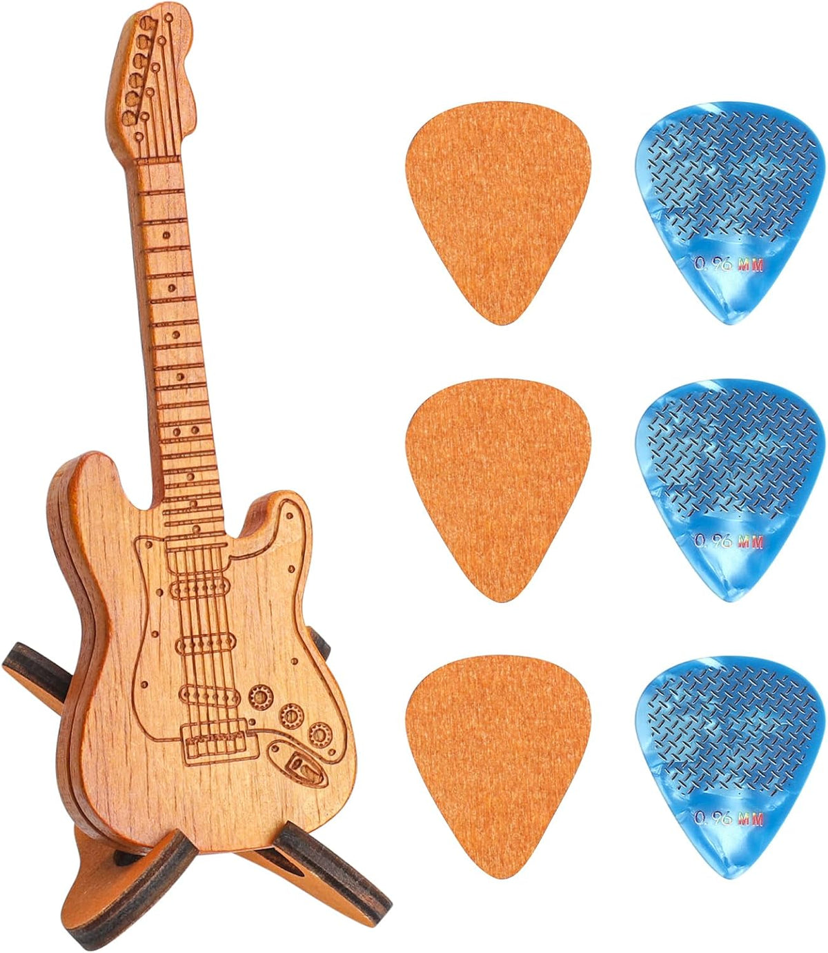 Wooden Guitar Pick Holder and Stand with Electric Guitar Styling Box, Featuring 3 Wood Picks and 3 Non-Slip Celluloid Picks - Guitar Pick Storage Set for Guitar, Bass, and Ukulele Players