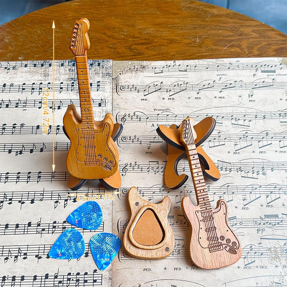 Wooden Guitar Pick Holder and Stand with Electric Guitar Styling Box, Featuring 3 Wood Picks and 3 Non-Slip Celluloid Picks - Guitar Pick Storage Set for Guitar, Bass, and Ukulele Players