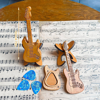 Wooden Guitar Pick Holder and Stand with Electric Guitar Styling Box, Featuring 3 Wood Picks and 3 Non-Slip Celluloid Picks - Guitar Pick Storage Set for Guitar, Bass, and Ukulele Players