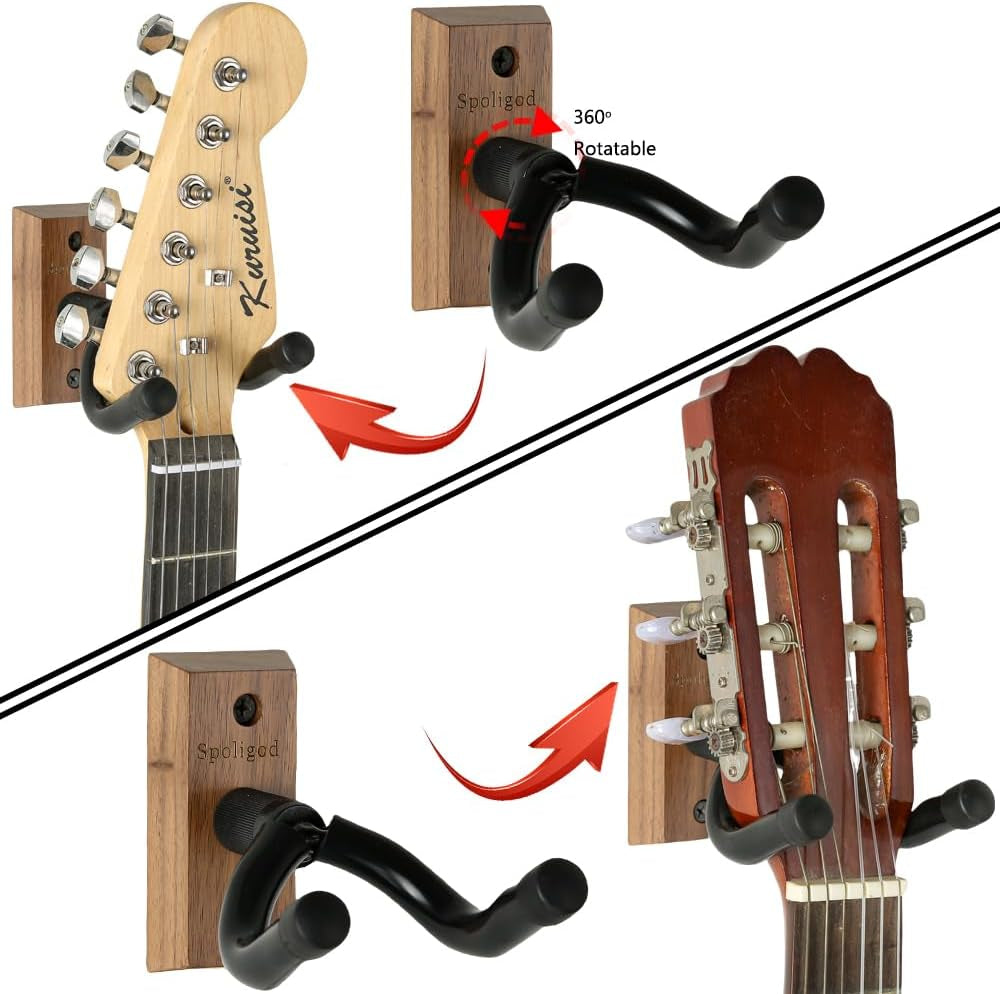 Professional Guitar Wall Mount Hanger Set - 3-Pack Black Walnut Wooden Holders for Acoustic, Electric, Bass Guitars, Ukuleles, and Mandolins for Home and Studio Use