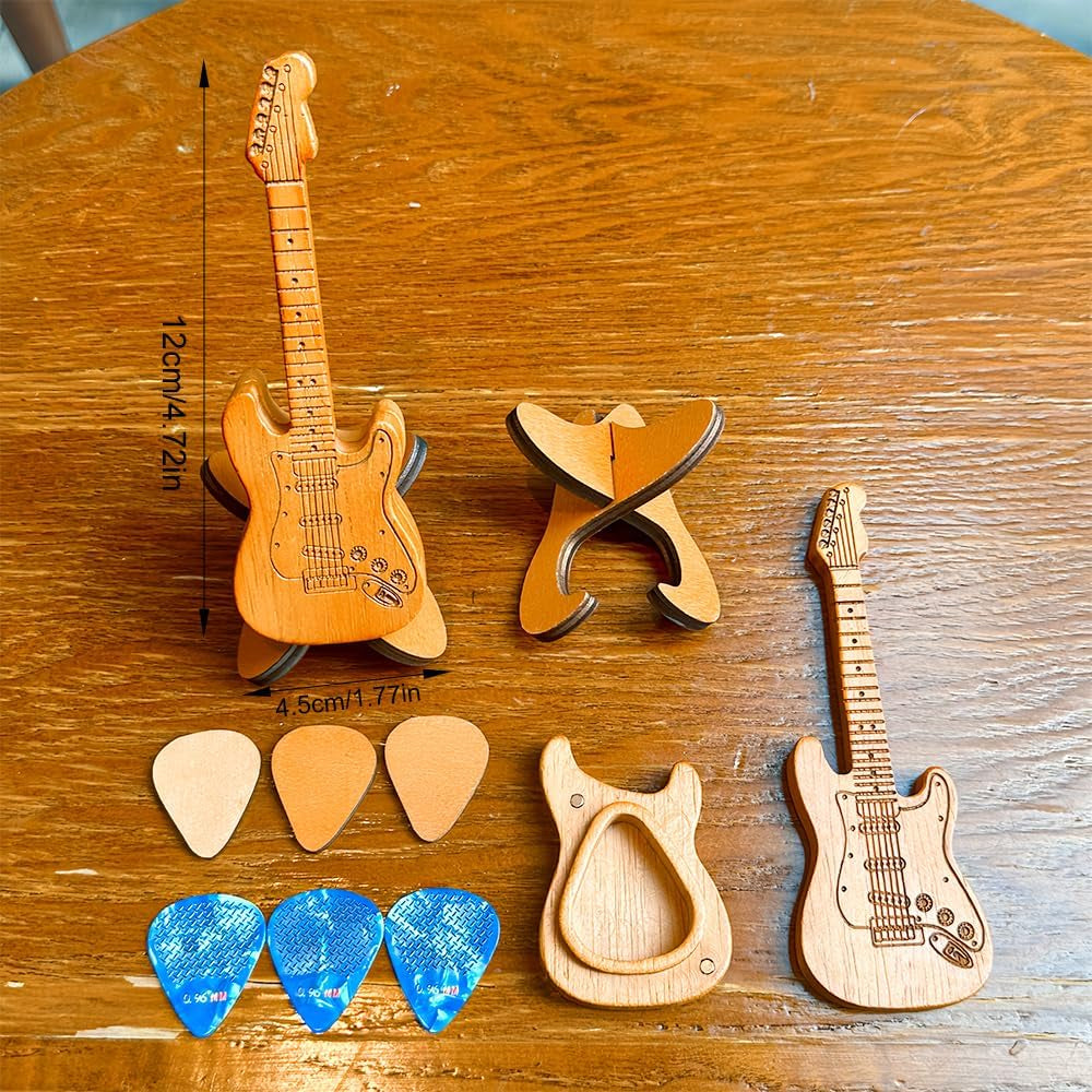 Wooden Guitar Pick Holder and Stand with Electric Guitar Styling Box, Featuring 3 Wood Picks and 3 Non-Slip Celluloid Picks - Guitar Pick Storage Set for Guitar, Bass, and Ukulele Players
