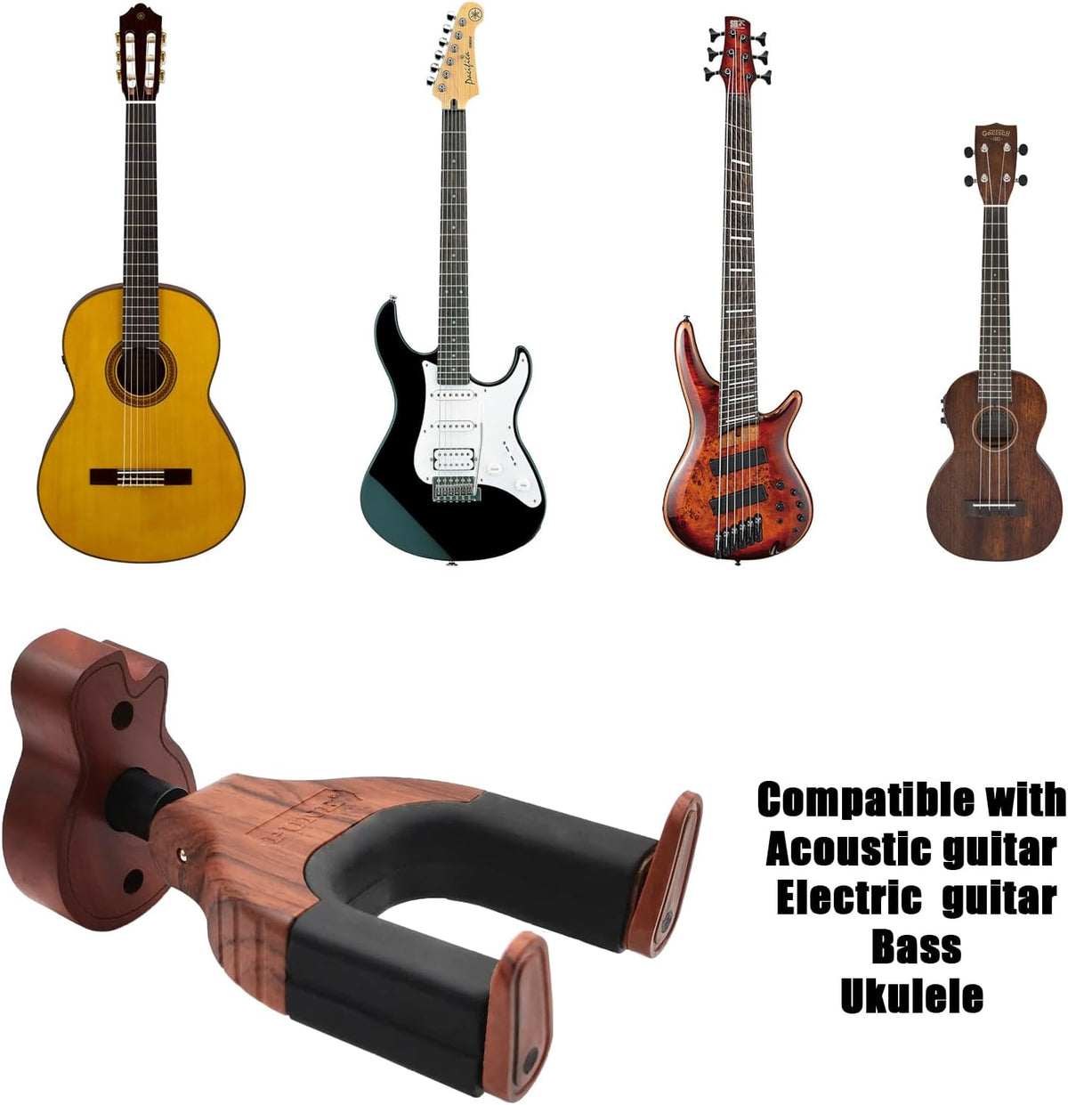 Guitar Wall Mount with Auto Lock - Wooden Guitar-Shaped Hanger for Acoustic, Electric, Classical, and Bass Guitars (Brown)