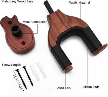 Guitar Wall Mount with Auto Lock - Wooden Guitar-Shaped Hanger for Acoustic, Electric, Classical, and Bass Guitars (Brown)