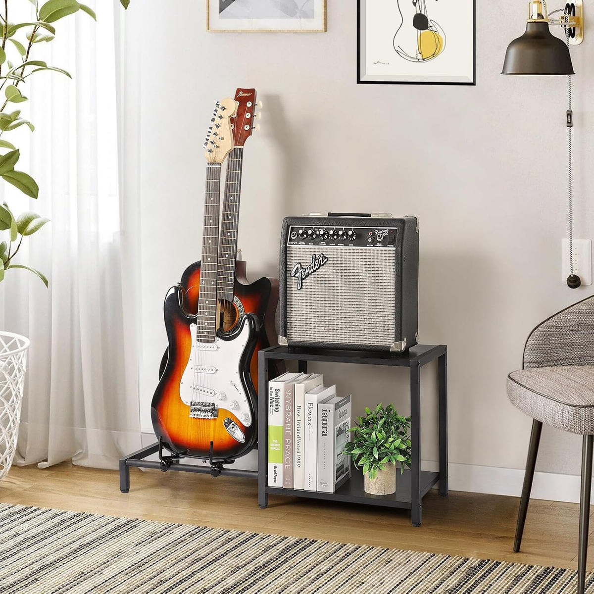 Black Floor Guitar Stand with Amplifier Holder