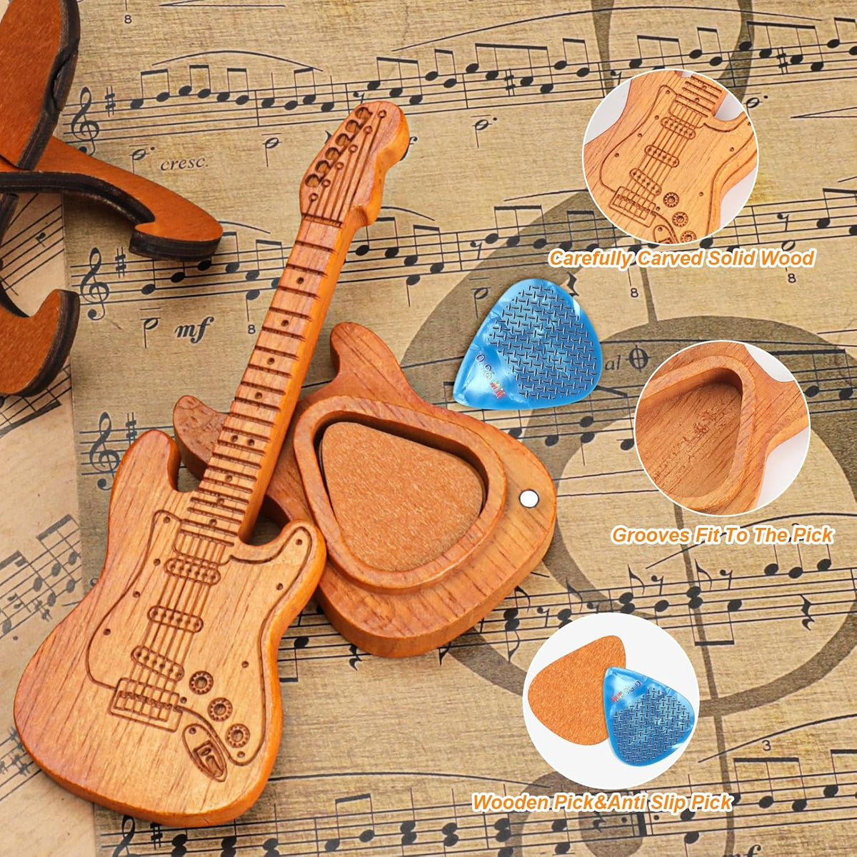 Wooden Guitar Pick Holder and Stand with Electric Guitar Styling Box, Featuring 3 Wood Picks and 3 Non-Slip Celluloid Picks - Guitar Pick Storage Set for Guitar, Bass, and Ukulele Players