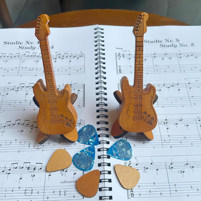 Wooden Guitar Pick Holder and Stand with Electric Guitar Styling Box, Featuring 3 Wood Picks and 3 Non-Slip Celluloid Picks - Guitar Pick Storage Set for Guitar, Bass, and Ukulele Players
