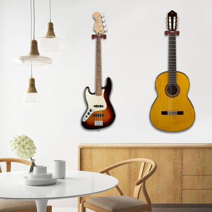 Guitar Wall Mount with Auto Lock - Wooden Guitar-Shaped Hanger for Acoustic, Electric, Classical, and Bass Guitars (Brown)