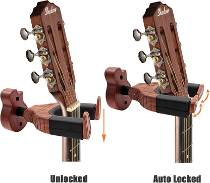 Guitar Wall Mount with Auto Lock - Wooden Guitar-Shaped Hanger for Acoustic, Electric, Classical, and Bass Guitars (Brown)
