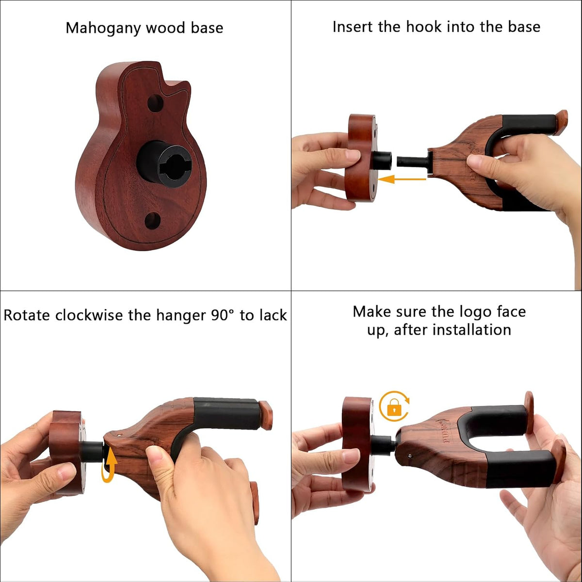 Guitar Wall Mount with Auto Lock - Wooden Guitar-Shaped Hanger for Acoustic, Electric, Classical, and Bass Guitars (Brown)
