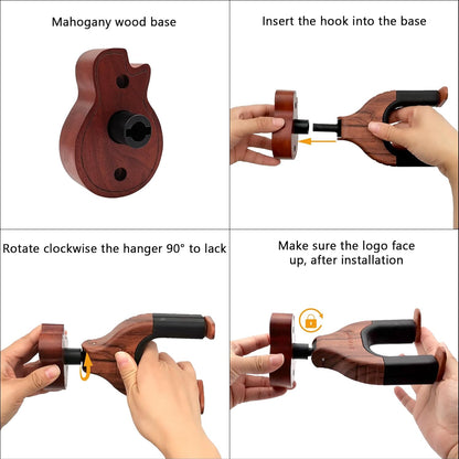 Guitar Wall Mount with Auto Lock - Wooden Guitar-Shaped Hanger for Acoustic, Electric, Classical, and Bass Guitars (Brown)