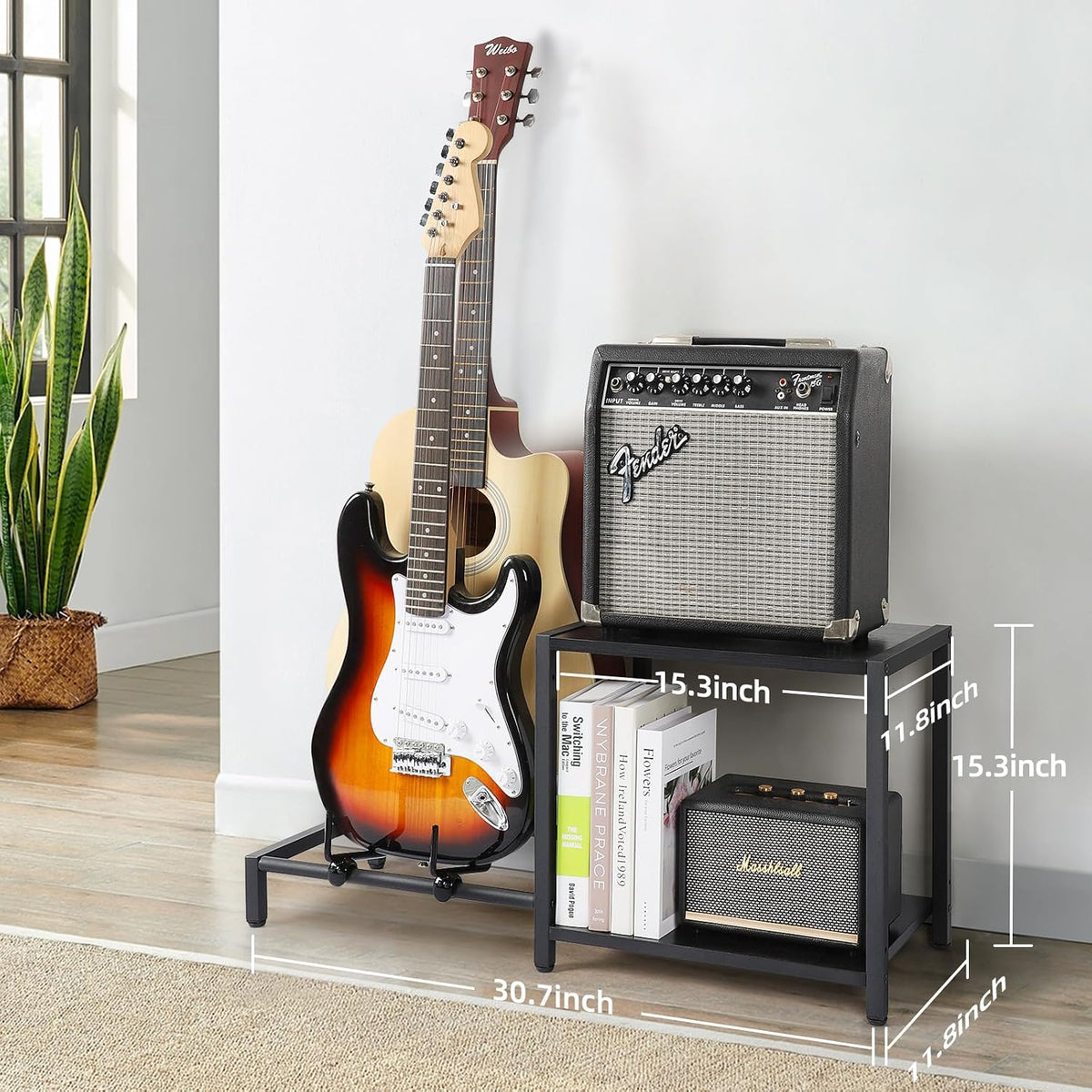 Black Floor Guitar Stand with Amplifier Holder
