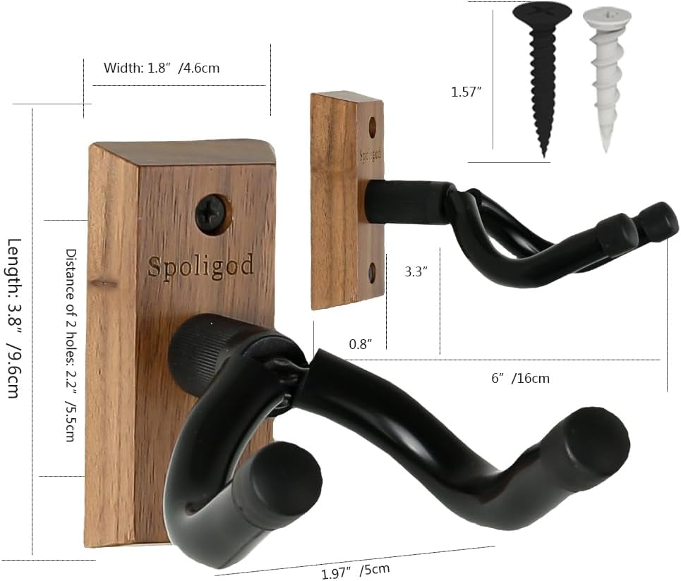 Professional Guitar Wall Mount Hanger Set - 3-Pack Black Walnut Wooden Holders for Acoustic, Electric, Bass Guitars, Ukuleles, and Mandolins for Home and Studio Use
