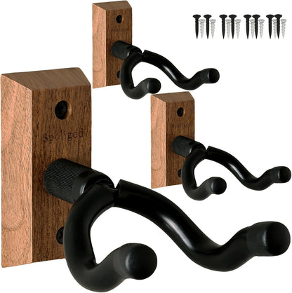 Professional Guitar Wall Mount Hanger Set - 3-Pack Black Walnut Wooden Holders for Acoustic, Electric, Bass Guitars, Ukuleles, and Mandolins for Home and Studio Use